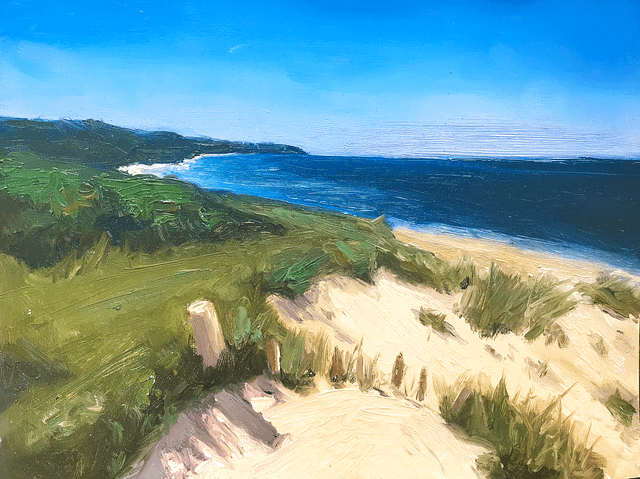 A painting of a beach and rolling dunes by Gail Kelly art