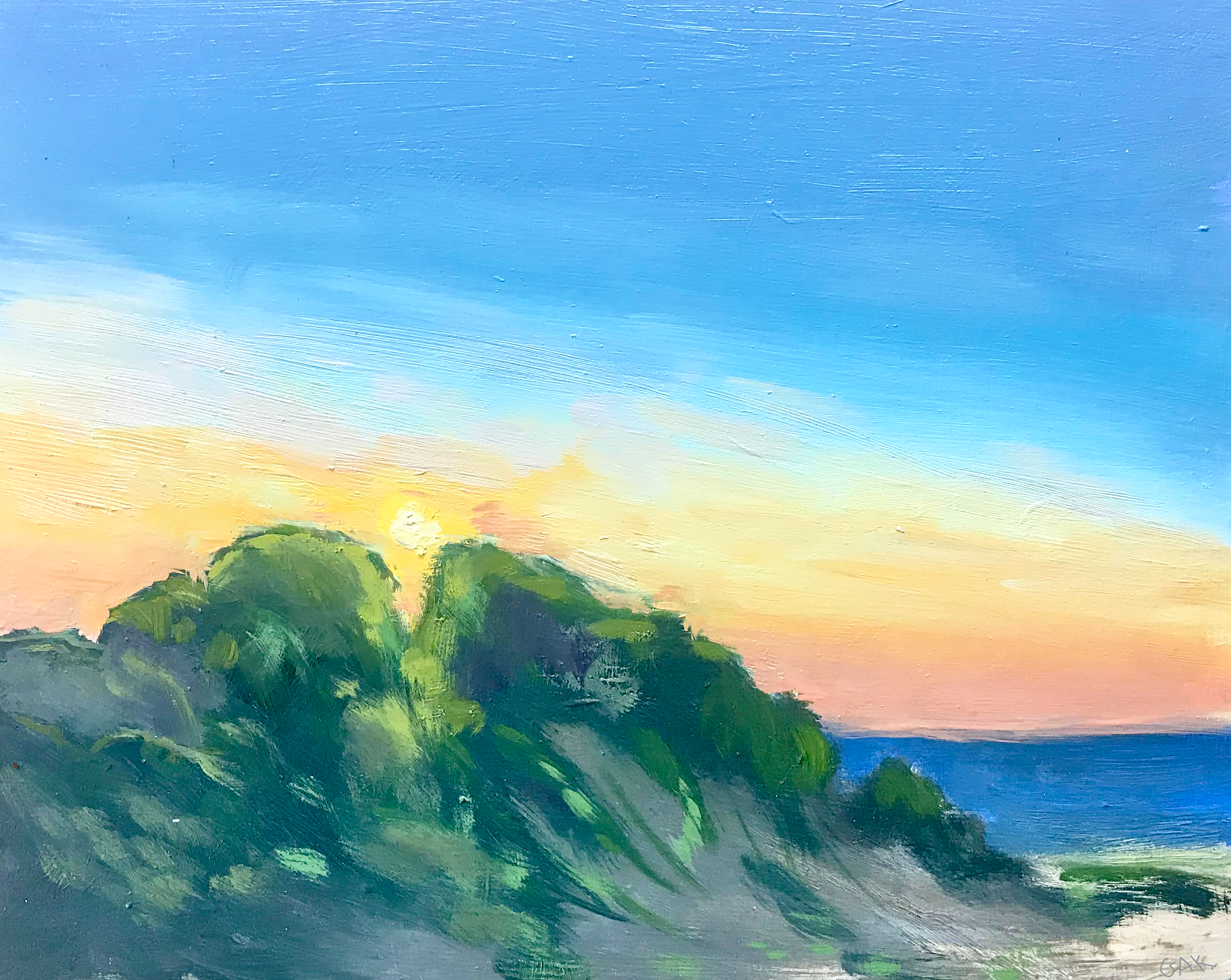 An oil painting of a beautiful sunset over the dunes and bay of New Jersey by Gail Kelly art